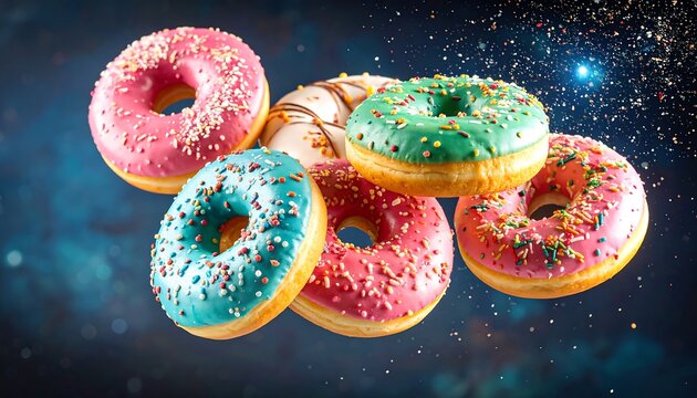 Colorful glazed donuts in mid-air, various sprinkles and frosting colors