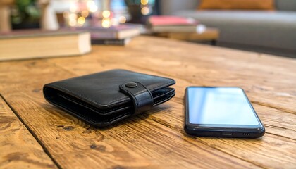Black wallet and phone on rustic wooden table