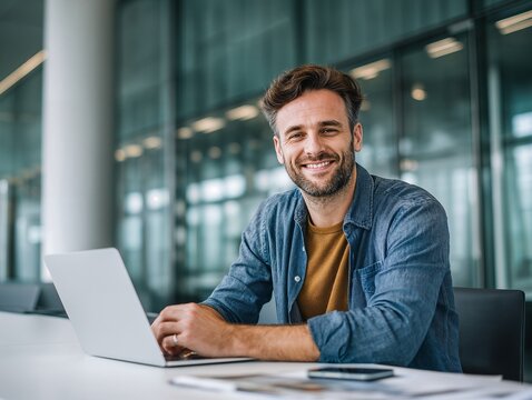 Smiling businessman in casual clothes working on a laptop at desk with modern office background and looking at the camera. Happy satisfied male employee typing and doing his project on a computer.