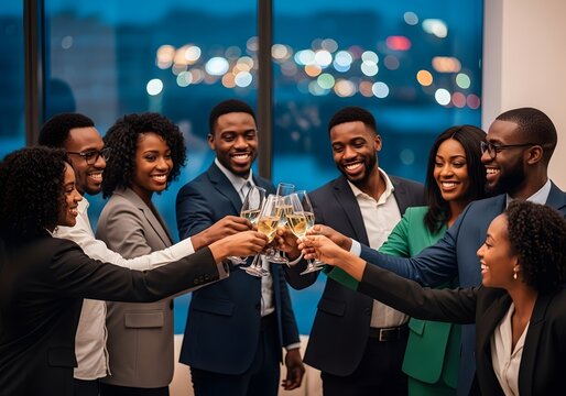 Group of african american professionals toasting with champagne in a modern office setting - Powered by Adobe