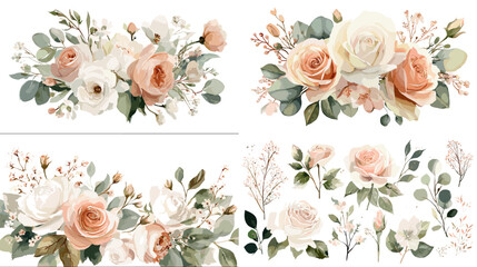 Elegant watercolor floral bouquet illustration with roses, leaves, and soft pastel tones. Ideal for wedding invitations, greeting cards, and romantic decorations.





































