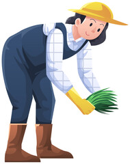 Farmer planting rice field illustration