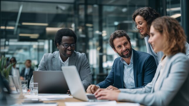 Diverse group of smiling business team collaborate in a modern office setting. Сolleagues dressed in suits discussing a project around a table, type something on a laptop on workplace. - Powered by Adobe