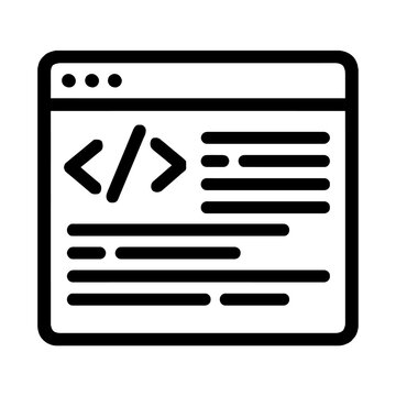 Icon: Programming & Web Development. Displays code editor/browser window, highlighting HTML, CSS, JavaScript syntax, angle brackets (< />) & text lines. Ideal for software engineering, frontend/backen