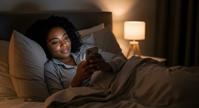 Woman lying in bed at night using her smartphone illuminated by the bedside lamp in a dark room