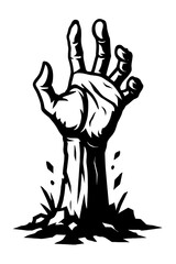 Obraz premium Spooky black and white illustration of a zombie hand breaking through the earth, reaching up from the grave, a classic horror motif perfect for Halloween designs, undead themes, and creepy aesthetic p