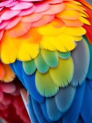 Fototapeta premium A tight shot of a multihued bird's vibrant feathers against a backdrop of pink, yellow, and blue