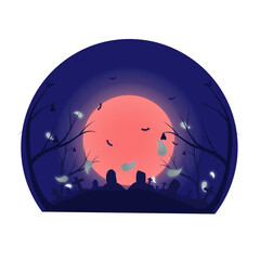 A lot of ghosts and bats are in the light of the lunar eclipse at the graveyard on Halloween day