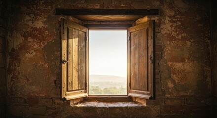 Open wooden window reveals a bright landscape, framed by textured, aged walls.