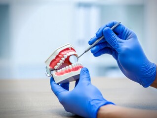 A gloved hand uses a dental mirror to meticulously examine a realistic jaw model, emphasizing oral...