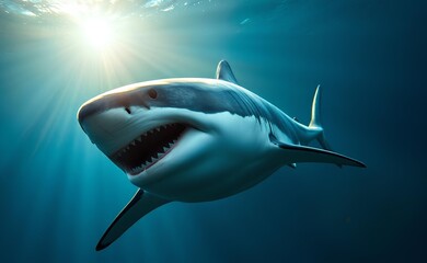 Great White Shark Swimming Underwater in Ocean Depths