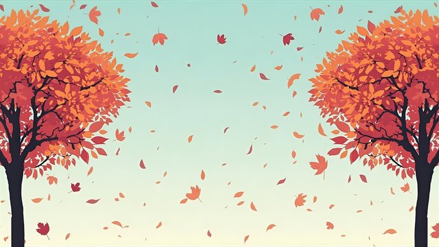 A beautiful autumn frame with red and orange maple trees on both sides and falling leaves on a textured paper background. A charming seasonal design for a Thanksgiving invitation or card