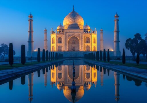 Blue & Gold Taj Mahal &ndash; Royal Glow, for wallpaper, digital painting, background, print design, metal poster, print canvas 
