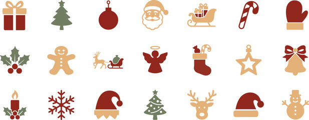 Christmas flat icon set with 21 festive silhouette vector illustrations, perfect for holiday design projects.
