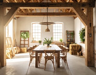 Rustic Dining Room with Exposed Beams and Natural Light.