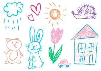 Children's drawing with wax crayons, pastels