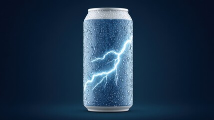 Blue drink can with water droplets and lightning bolt design on dark background for refreshing beverage concept and cooling imagery in modern lifestyle