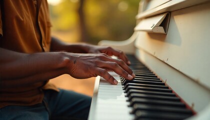 Close-up of dark-skinned man's hands playing white upright piano outdoors under warm natural light