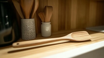 Wooden Kitchen Utensils on Shelf