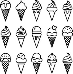Vector Line Art Ice Cream Cone Set - A delightful collection of continuous line illustrations for various sweet frozen dessert designs and summer-themed graphics