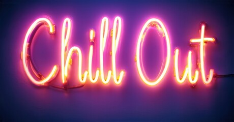 Bright pink neon sign displays words Chill Out. Dark background emphasizes glowing text. Simple, modern aesthetic. Relaxing vibe.
