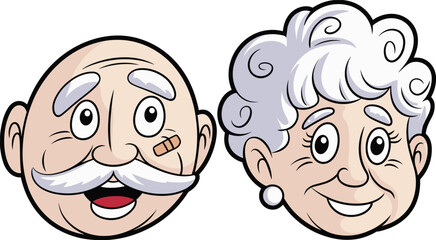 Cartoon elderly couple faces, happy grandma and grandpa characters, senior couple illustration, smiling old people, fun grandparents drawing
