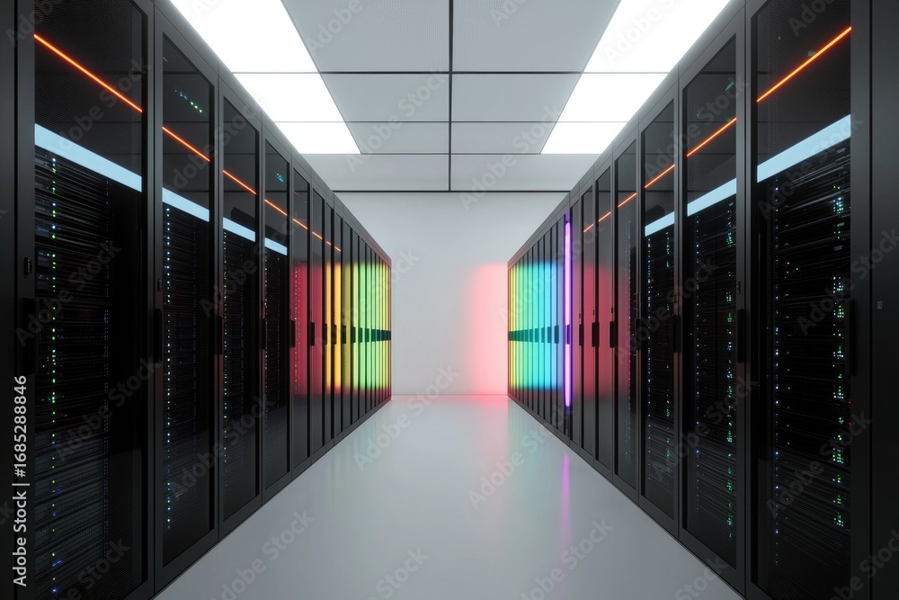 Poster symmetrical data center corridor with two rows of server racks illuminated by colorful neon lights, 