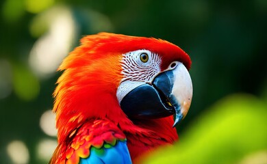 Naklejka premium Close Up Shot of Red Macaw Parrot with Colorful Feathers