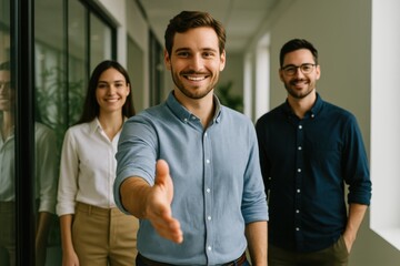 Smiling business professional greeting with handshake in modern office welcoming client
