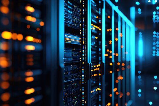 Close up 3D rendering of illuminated server racks with glowing blue and orange lights in a modern data center, representing IT infrastructure, cloud computing, secure storage, and networking