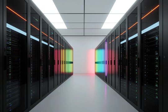 Symmetrical data center corridor with two rows of server racks illuminated by colorful neon lights, representing cloud computing, IT infrastructure, advanced storage, and secure networking