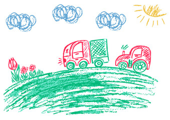 Children's drawing with wax crayons, pastels