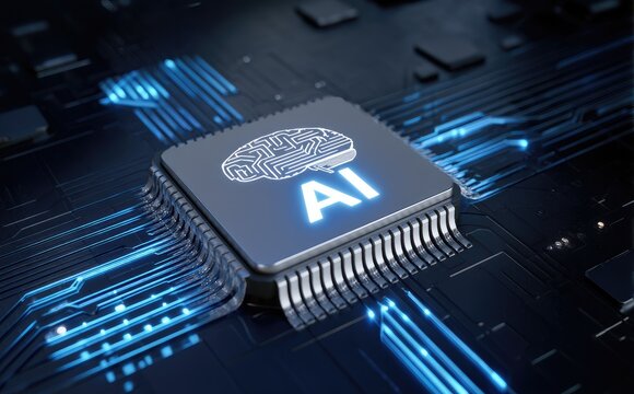 3D rendering of AI processor chip with glowing brain symbol and blue circuit board connections, representing artificial intelligence, machine learning, advanced technology, and innovation