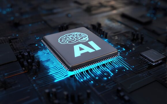 3D illustration of AI chip with glowing brain symbol integrated into circuit board, representing artificial intelligence, deep learning, machine learning, data processing, and innovation