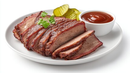 Deliciously Smoked Brisket Slices Served with Pickles and Barbecue Sauce on a White Plate for Gourmet Food Presentation or Restaurant Menus
