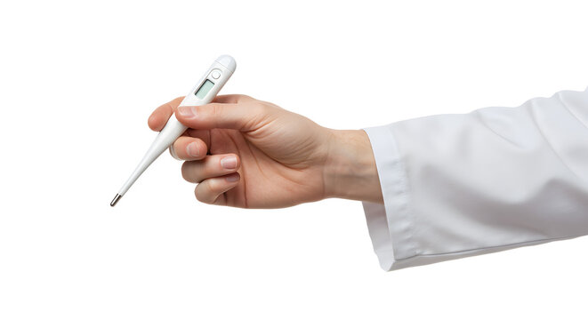 Holding digital thermometer in hand with white coat sleeve showing