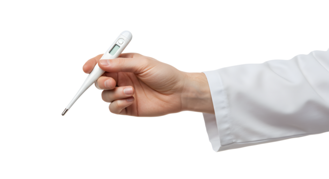 Holding digital thermometer in hand with white coat sleeve showing - Powered by Adobe