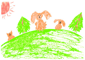 Children's drawing with wax crayons, pastels