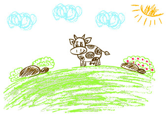 Children's drawing with wax crayons, pastels