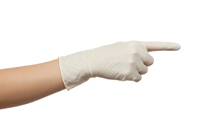 Gloved hand pointing toward right direction on white background