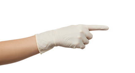 Gloved hand pointing toward right direction on white background