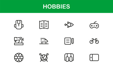 Hobbies Line Icon Set – Professional Minimal Outline Symbols for Leisure Activities, Modern Vector Icons Collection