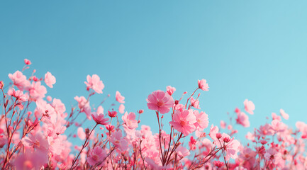 soft pink wildflowers blooming against bright blue sky trendy palette