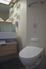 Modern design bathroom with sink, shower, towels and mirror and mosaic tiles in cabin or stateroom suite on luxury cruise ship cruiseship liner