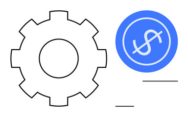 Mechanical gear beside blue dollar coin emphasizes connection between systems and finances. Ideal for process optimization, automation, finance management, business operations, strategy, cost