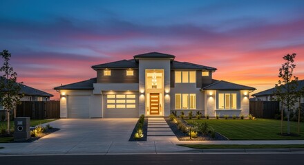 Modern two-story house illuminated at dusk, showcasing its architectural design and landscaping.