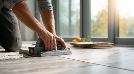 Worker using tile cutter on floor in bright modern room