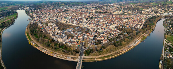 Aerial panoramic view around the old town and city Vichy in France on a sunny afternoon