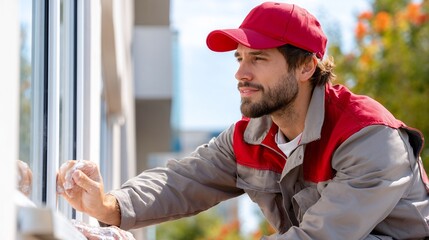 Smiling handyman inspecting exterior window before tile work