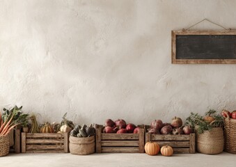 Autumn Farmers Market Display with Seasonal Vegetables on Minimal Wooden Shelf — Beets, Carrots, Onions, Gourds in Natural Baskets, Seasonal Food Styling